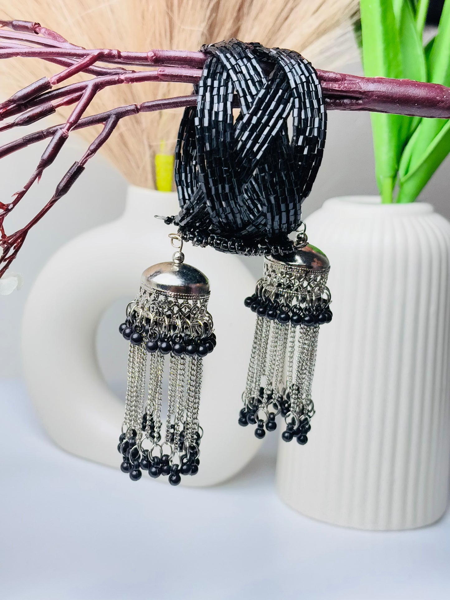 Black Beaded Bracelet with Jhumka