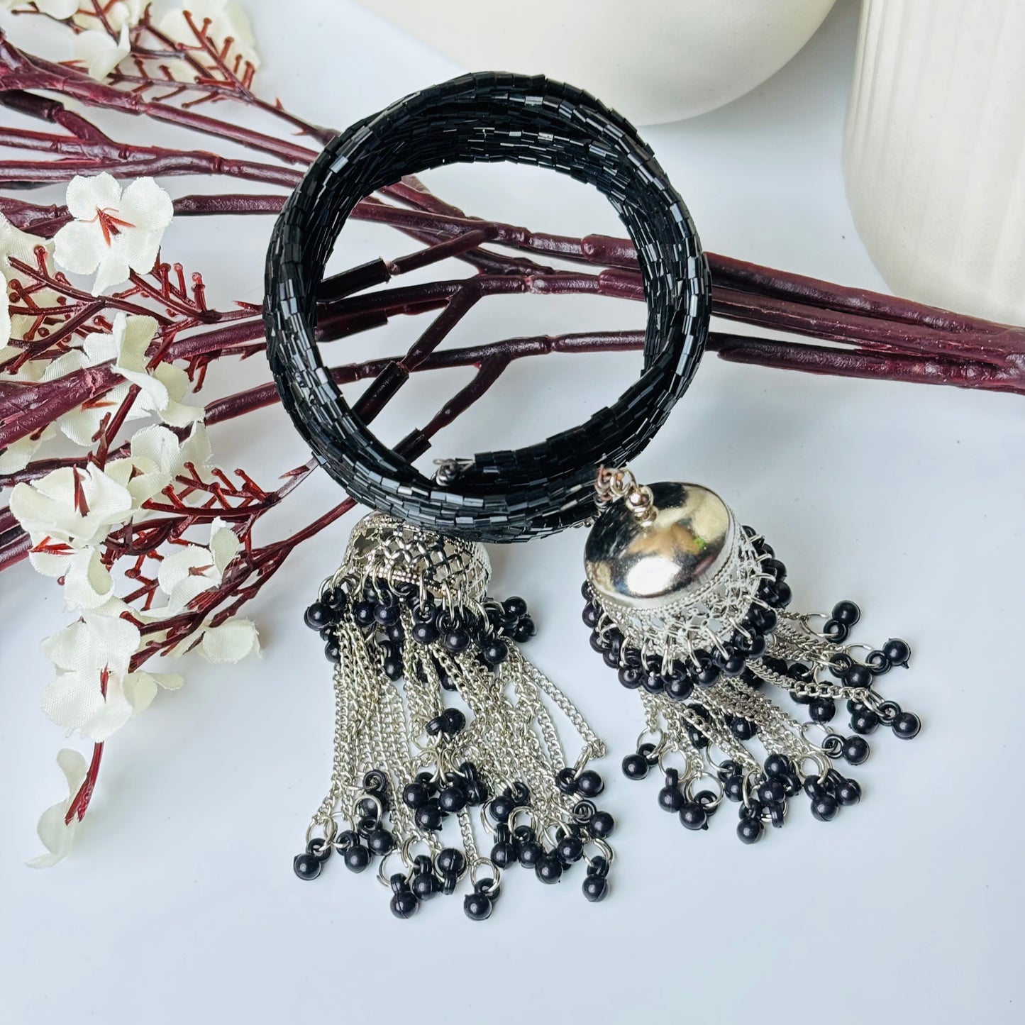 Black Beaded Bracelet with Jhumka
