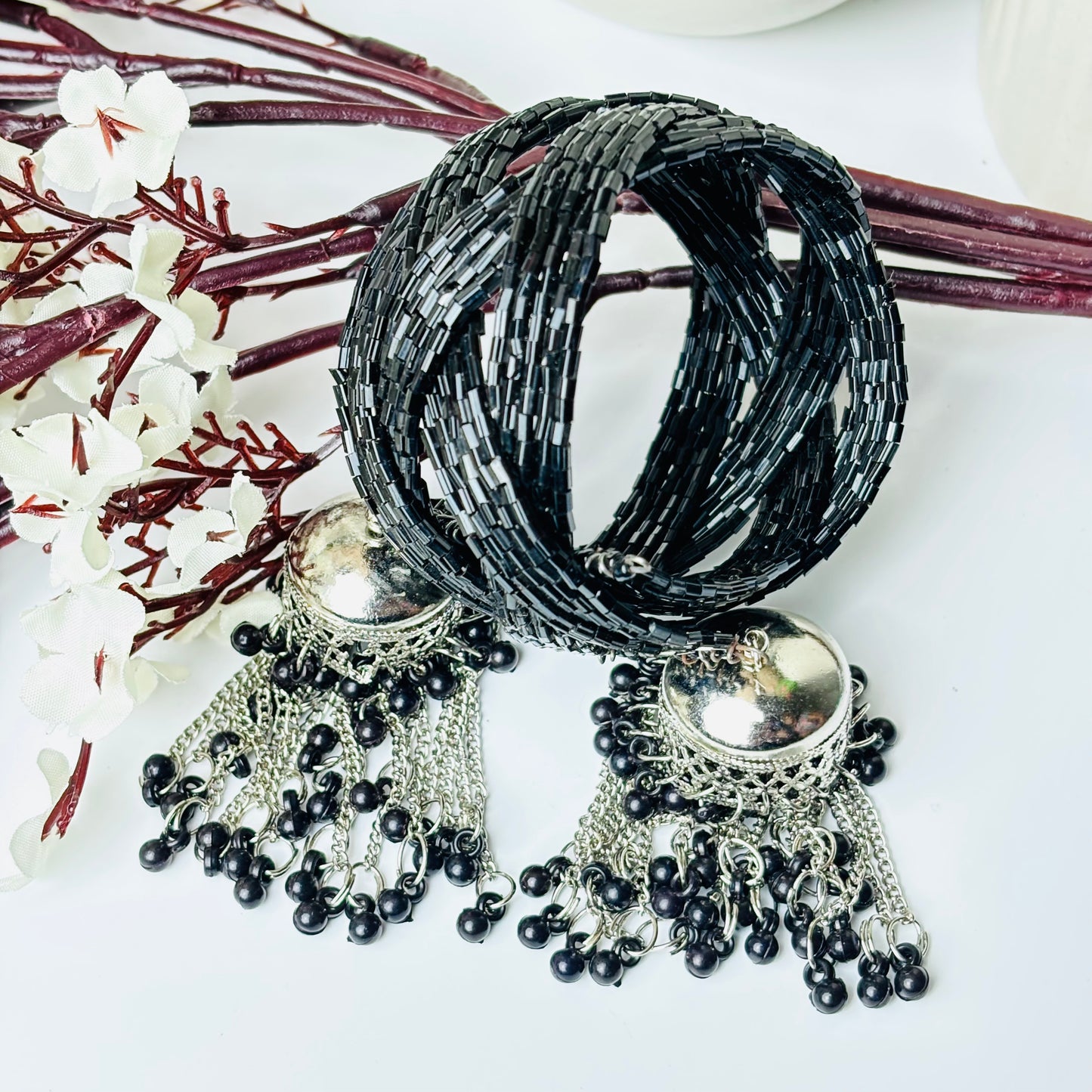 Black Beaded Bracelet with Jhumka