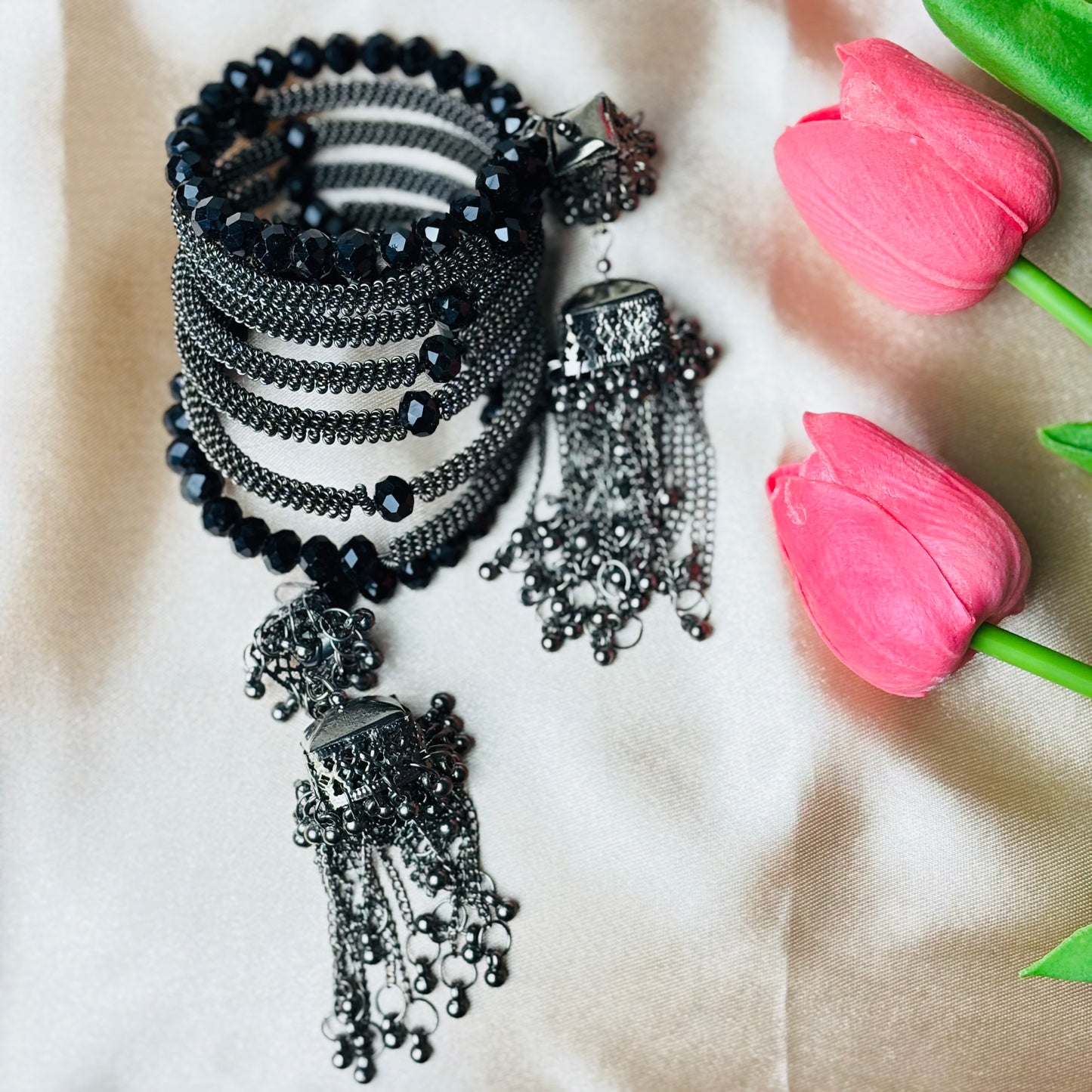 Black Spiral Beaded Bracelet with Jhumka