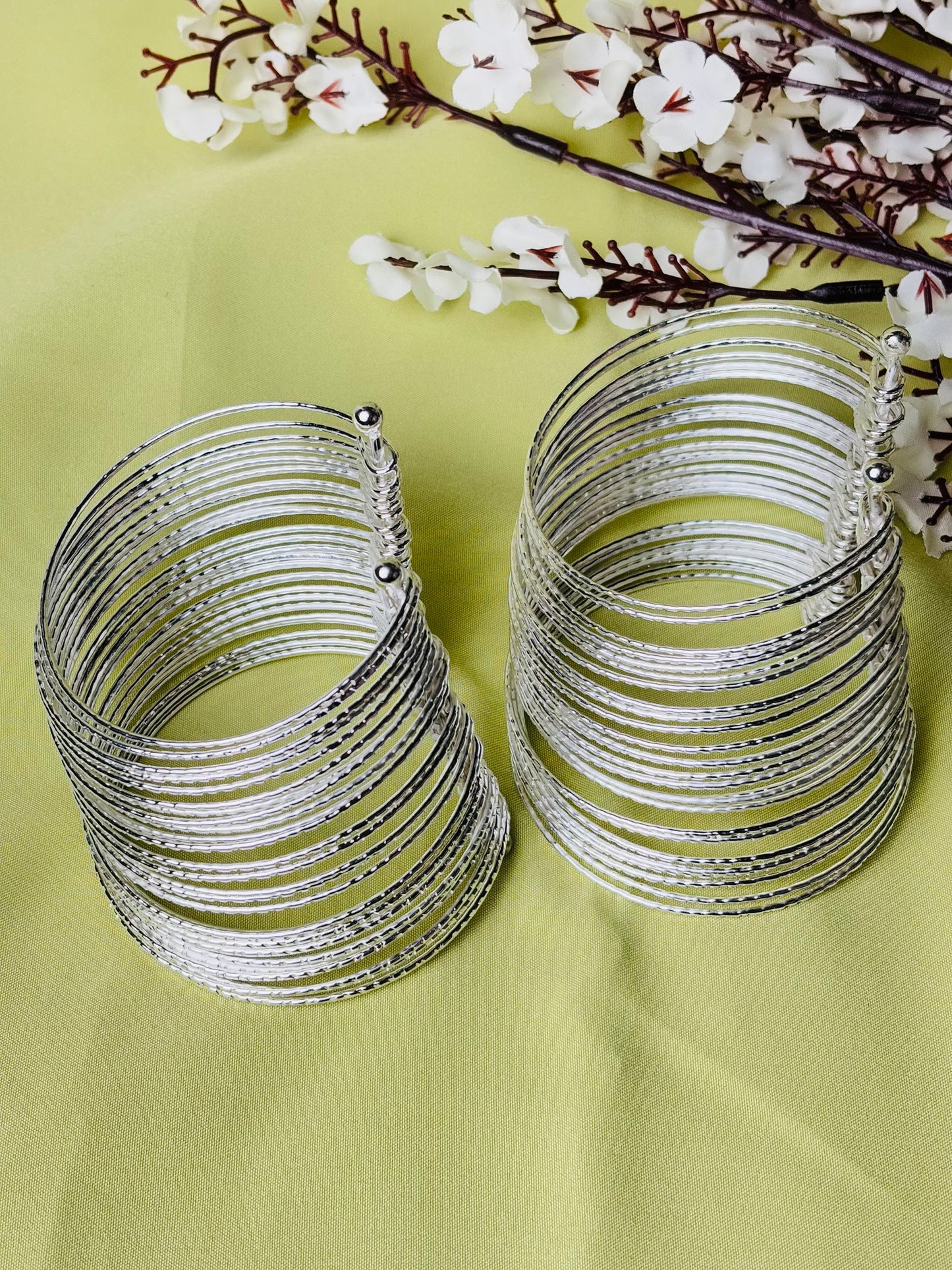 Set of 2 Trendy Multi-Layered Silver Coil Adjustable Bracelet