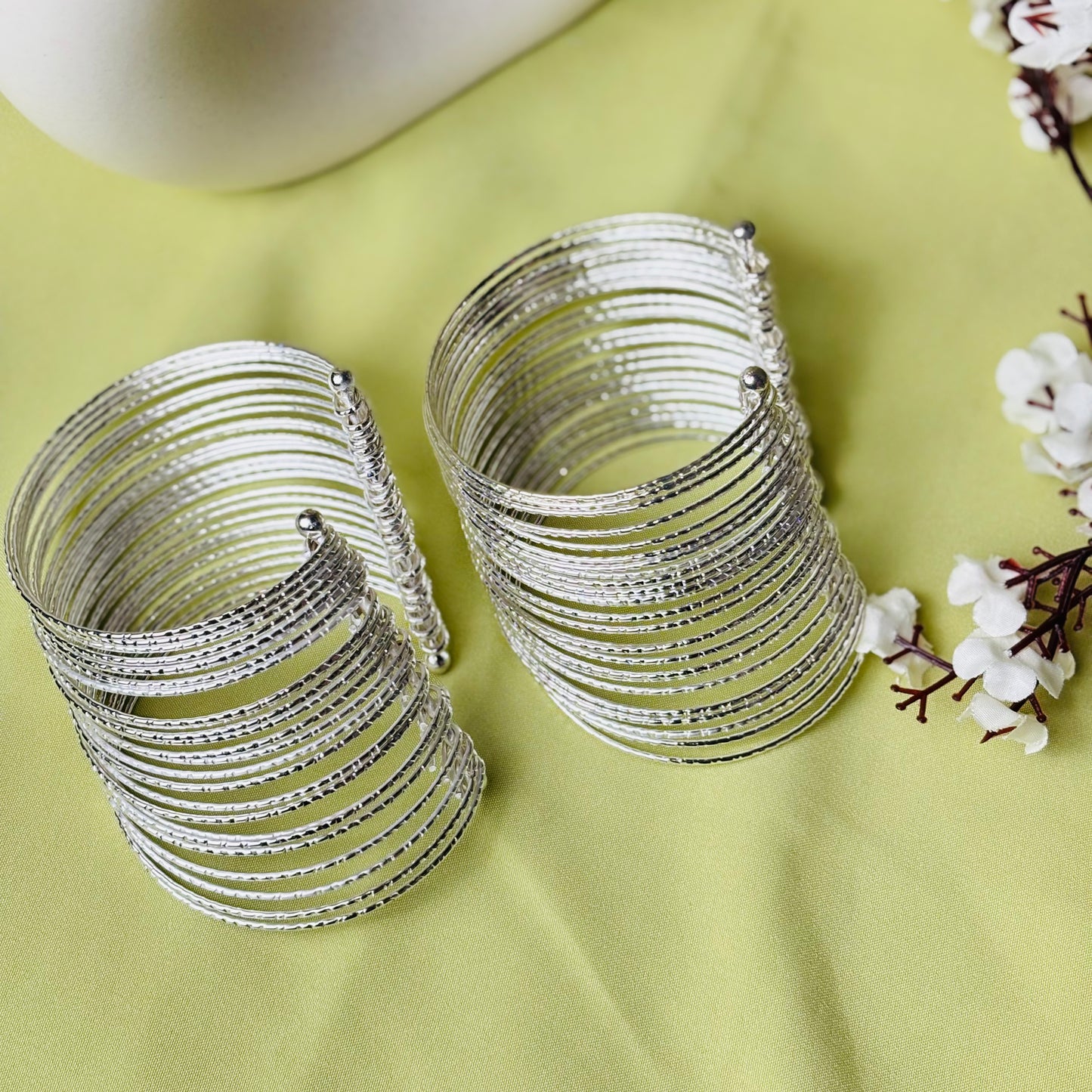 Set of 2 Trendy Multi-Layered Silver Coil Adjustable Bracelet