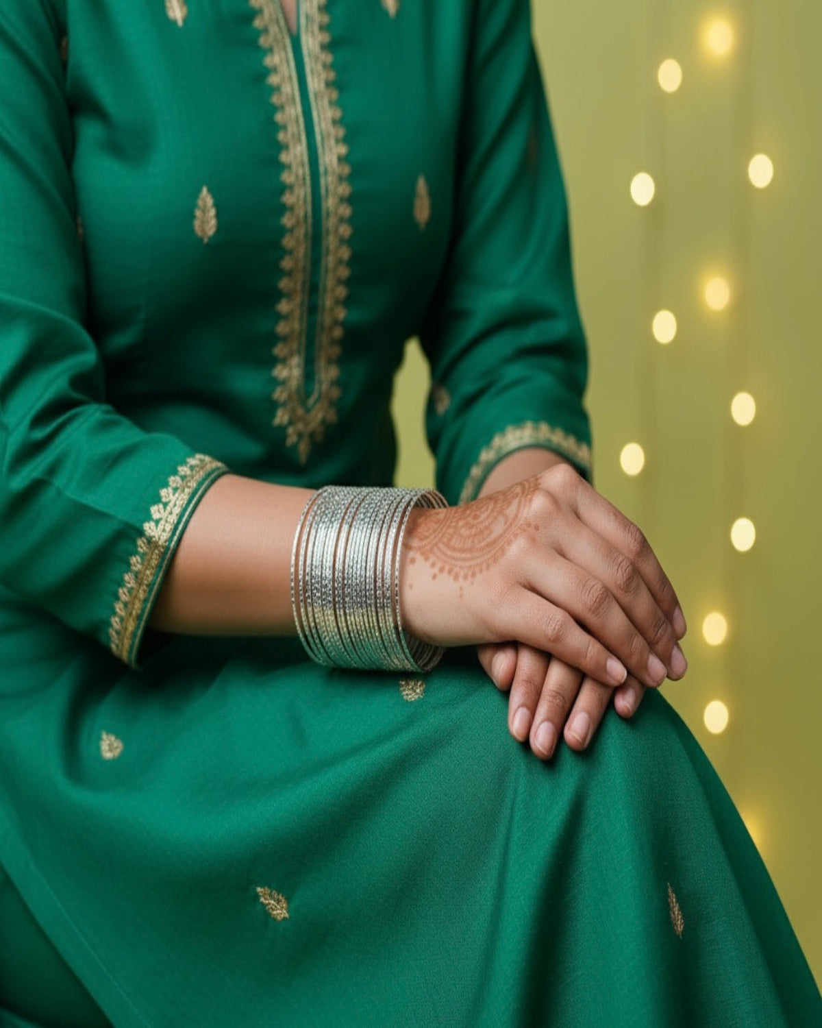 Green traditional outfit with gold embroidery and silver bangles on a blurred background