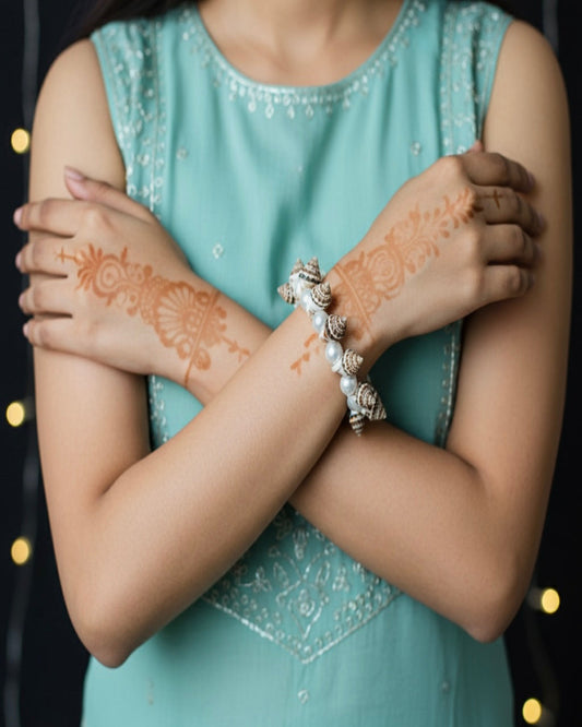 Person wearing a light blue dress with intricate henna designs on arms and pearl bangles.