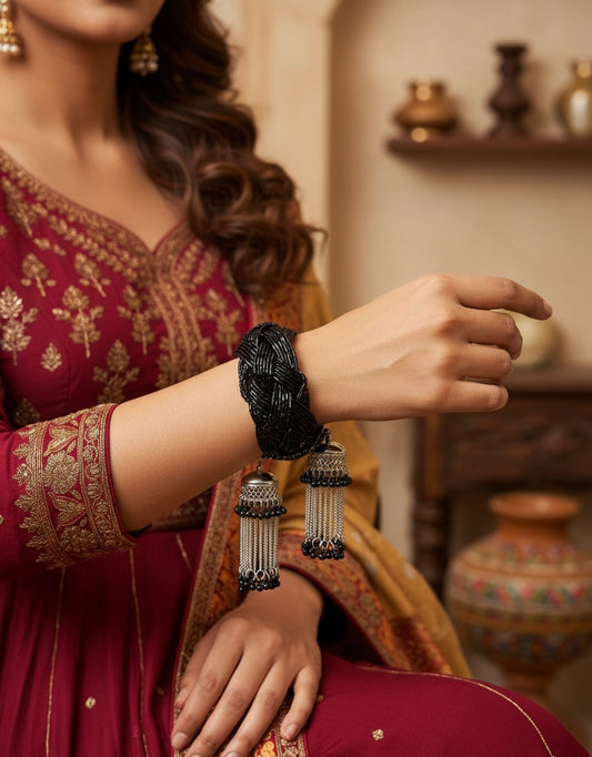 Black Beaded Bracelet with Jhumka